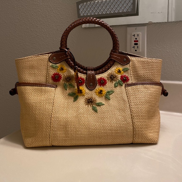 Fossil Bags Vintage Fossil Straw And Braided Brown Leather Handbag